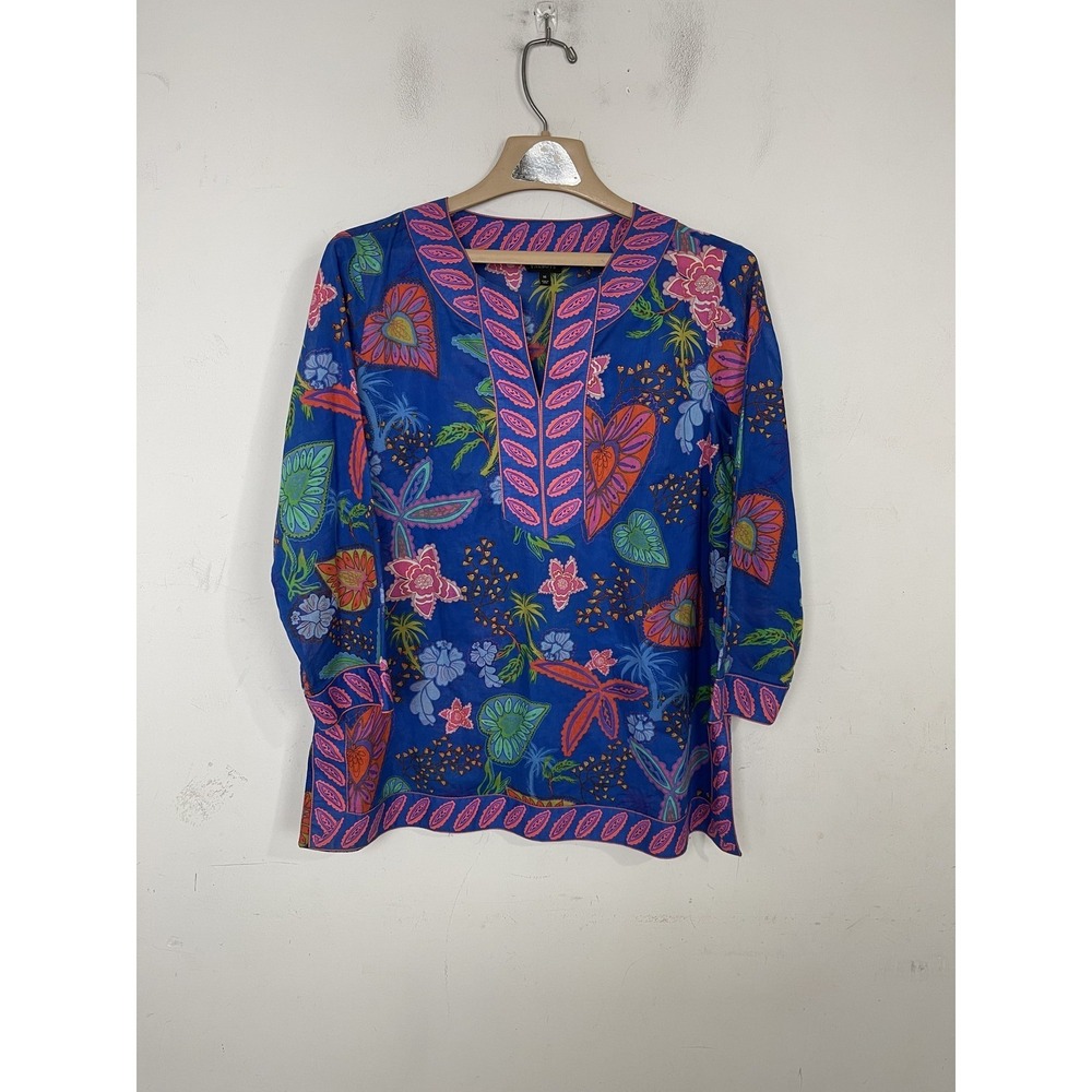 Talbots Women's M Blue Multicolor Tropical Floral Cotton Pullover Tunic Top
